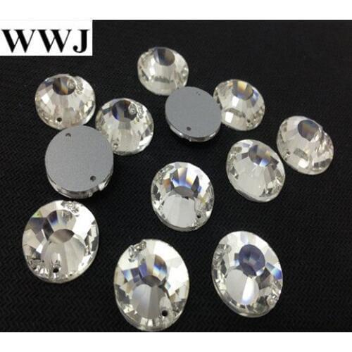 Wholesale Xilion Flat Top Sew On Stones Crystal Clear Color Flatback 2holes 8,10,12,14,16,18,20 Round Sewing Glass Crystal Beads