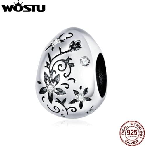 WOSTU Retro Flower Easter Egg Bead 100% 925 Sterling Silver Charm Fit Original Bracelet Pendant Vintage Party Jewelry CQC1466