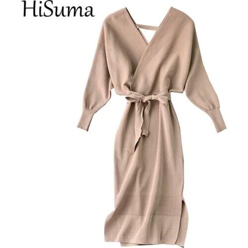 HISUMA Autumn Women V-Neck Batwing Sleeve Bandage Lace Up Sashes Bodycon Knitted Midi Dress Lady Elastic Slim Waist Party Dress