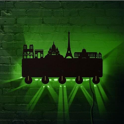 Vintage Paris City Wall Mounted Hook Home Door LED Light Wall Decor France Skyline Clothes Hanger For Storage Key Bag Umbrella