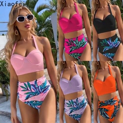 Vintage Women Push Up Bikini Set High Waist Swimwear Female Halter Bathing Suit Leaf Print 2 Pieces Swimsuit