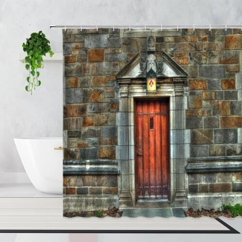 Vintage Wooden Door Shower Curtain Retro Country Architecture Street View Bathroom Decoration Fabric Waterproof Bath Curtains
