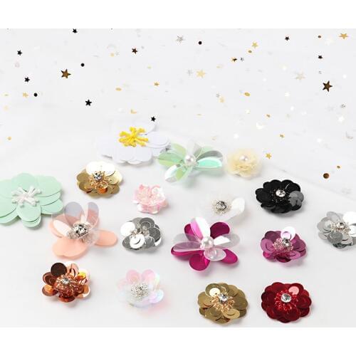 2Pcs Handmade Sequined Beads Flower Applique Patches For Hair Clip Bags Brooch Dress Embroidery DIY Sewing Accessories