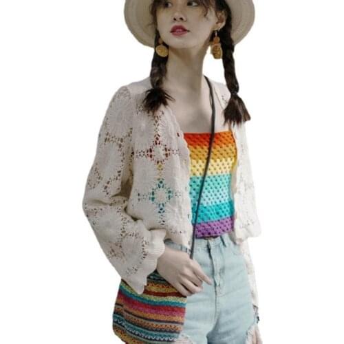 Indie Folk Camis Women Sexy Autumn Rainbow Color Hollow Out Wool Splicing Handmade Bohemia Short Trend Lady Fashion Clothing