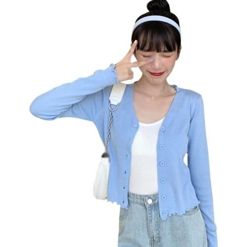 Womens v-Neck Knitted Cardigans Long Sleeve Button Short Sweaters Top One Size