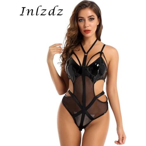 Womens Erotic Lingerie Leather Bodysuit Mesh Patchwork Sexy Clubwear Halter Neck Shoulder Straps Cut Out Waist Leotard Bodysuit