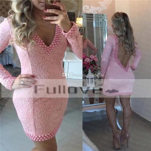 Top Quality Pink Lace Beaded Pearls Short Prom Dresses Cheap Long Sleeve Open Back Mermaid Party Dress Vestido De Festa Curto