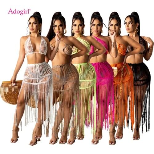 Adogirl Women Sexy Knitting Tassel Two Piece Summer Dress Set See Through Lace Up Halter Bra Top Maxi Skirt Swimsuit Cover
