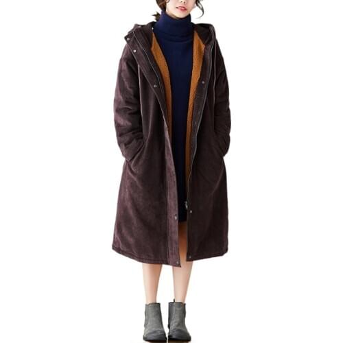 Lamb Wool Coat Women Winter Purple Mid-length Over-knee Corduroy Padded Coat Loose Hooded Plus Size Cotton Coat Women Parkas