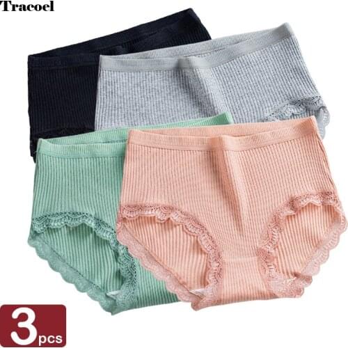 Tracoe 3Pcs High Waist Pure Cotton Panties For Women Lace Soft Underpants Female Panty Hip Lift Dropshipping Underwear
