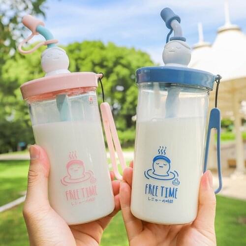 400ml New Outdoor Plastic Mixing Cup Couples Cute Cartoon Anti-Fall Juice Milk Mug Cup Portable Travel Straw Cup With Lanyard