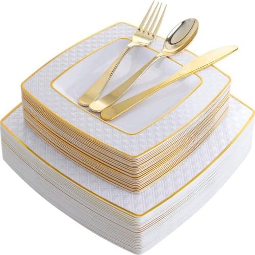 50 Disposable Tableware Golden Rose Gold Square Plastic Dinner Plate With Golden Silverware Set Birthday Wedding Party Supplies