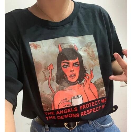 THE ANGELS PROTECT ME THE DEMONS RESPECT ME Demon Print Tee Chic Harajuku Vintage Gothic Punk Loose Tops women Fashion T-shirt