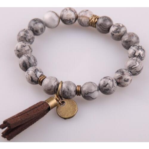 New Design Energy Bracelets Made By Antique Bronze Tassel Beautiful Natural Gray Color Stone Bracelet bangle