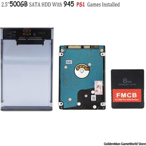 FMCB V1.966 8MB/16MB/32MB/64MB for USB games+2.5'' SATA Hard Drives 500GB with PS1 945 games Installed +Transparent Black Case