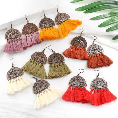 GDHY Newest Bohemia Fan Shaped Colorful Tassel Earrings Hollow pattern For Women Exaggerated Fringed Dangle Drop Earrings