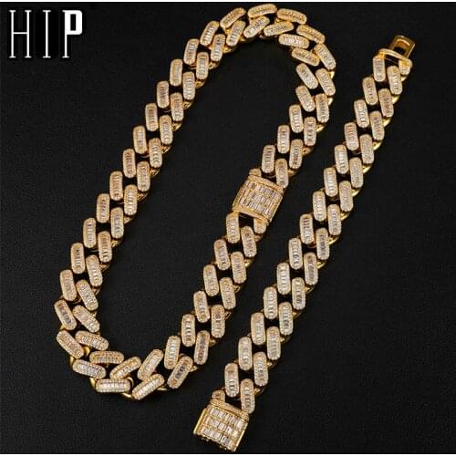 Hip Hop 19MM Baguette Box Buckle Cuban Heavy Copper Prong Setting AAA+ Cubic Zirconia Stones Bracelet Necklace For Men Jewelry