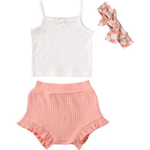 Pudcoco 2Pcs Newborn Baby Girls Clothes Set Kids Summer Solid Vest Sling Top Ruffle High Waisted Shorts Headband 3pcs Outfits