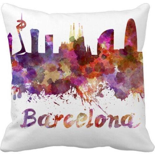 Barcelona Spain City Watercolor Throw Pillow Square Cover