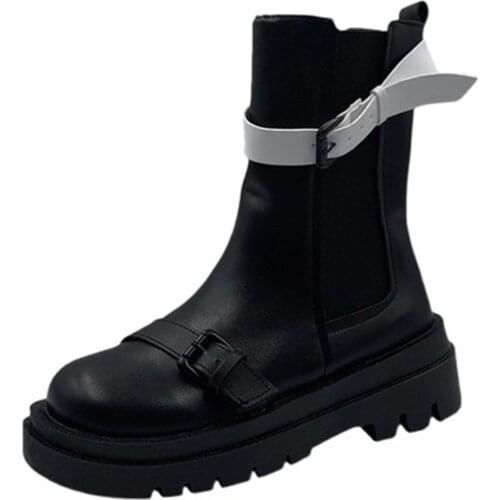 Fashion Sneakers Womens Autumn New Platform British Style Booties Leather Buckle Mid Tube Chelsea Chimney Boots Black White