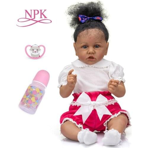 NPK 56CM Soft Body Cuddly Baby Gril Reborn Toddler Saskia in Dark Brown Skin African American Doll Handmade High Quality Doll