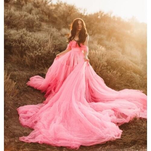 Watermelon Red Tulle Summer Dresses for Photoshoot Off Shoulder Zipper Back Custom Made Party Dress Sweep Train Dressing Gown