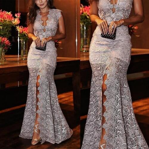 Summer Elegant Sleeveless Maxi Sundress Sexy Women Sexy Deep V Neck Dress Holiday Sleeveless Hollow Lace Slit Party Maxi Dress