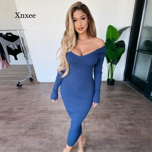 Autumn and Winter Womens Long-Sleeved Mid-Length Dress Basic Pure Rib Knit Sweater Dress Off-Shoulder Long Winter Dress
