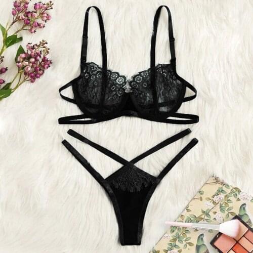 Leechee black sexy lace edge push up bra three point lingerie sleep tops adjustable women panties set Hollow out Underwear