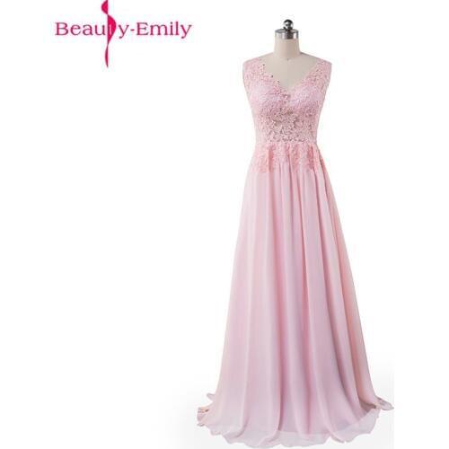 Beauty Emily Cheap Evening Dresses 2020 Long New V-Neck Floor Length Chiffon with Top Lace Summer Style Special Occasion Dresses