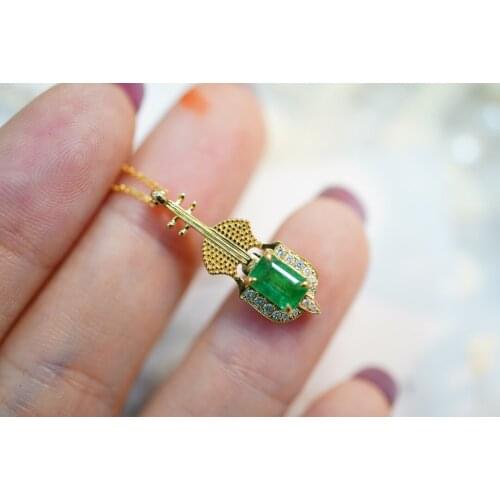 SX412 Solid 18K Yellow Gold Nature Green Emerald Violin Pendants Necklaces for Women Fine Jewelry for Women Gifts