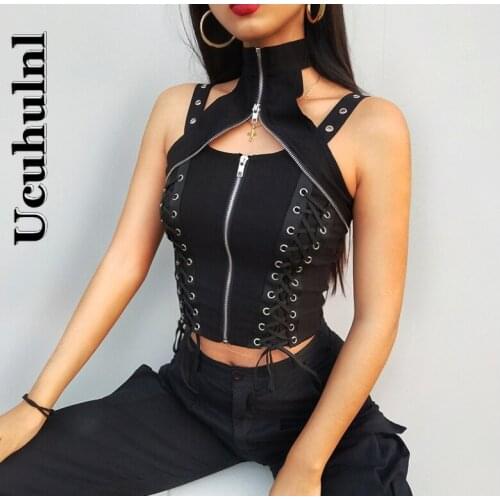 Ucuhulnl Zip Up Tanks Women Sleeveless Sexy Short Gothic Tank Turtleneck Sweater Black Casaul Top Shirt Women
