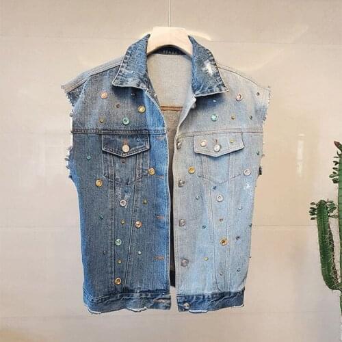 Beading Sequined Denim Jackets Women Turn Down Collar Sleeveless Coats Europe Spring Outwear Ripped Hole Streetwear k8939