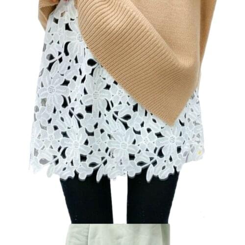 Womens Mini Skirt, Casual Elastic Waist Semi-sheer Floral Lace Hollow Out Solid Color Crochet Underskirt Plus Size 5XL