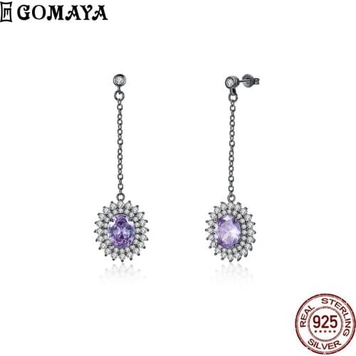 GOMAYA Charm Purple Cubic Clear Zircon Women Earrings Flower Design Drop Earrings Valentines Day Fashion Jewelry New Hot Sale