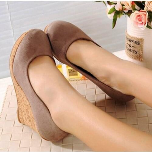 EAGSITY Pumps women wedges high heel shoes platform round toe slip on shallow casual ladies dress party shoes square heel
