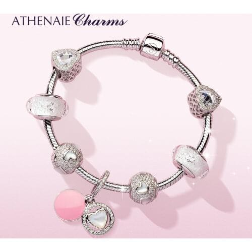 ATHENAIE 925 Sterling Silver Mother of Pearl and Zircon Luminous Hearts Pure Love Charms Bracelet For Women Jewerly Gift