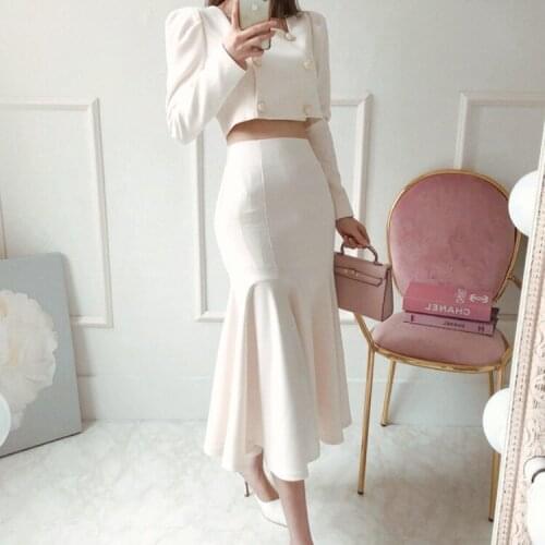 2021 Korean Autumn Women 2 Piece Set Office OL Elegant Square collar Puff Sleeve Crop Tops+High waist Mermaid Bodycon Skirt Suit