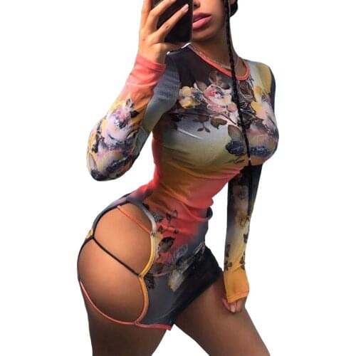 Women Sexy Bandage Floral Mini Dress Elegant Long Sleeve Bodycon See Through Perspective Ladies Dresses Party Club Streetwear