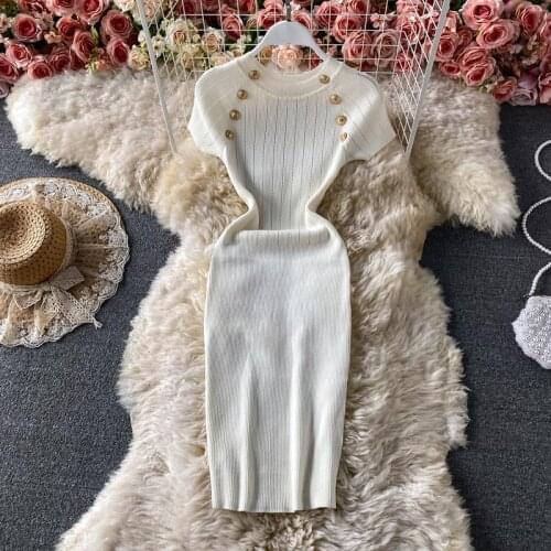 2021 summer sexy round neck design waist slim temperament long hip bottom knit dress short sleeve