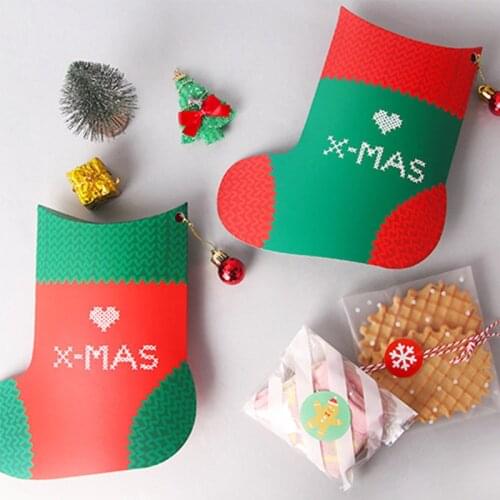 10pcs Paper Candy Box Christmas Socks Shape Gift Boxes with Xmas Ball Cookie Candy Packing Bags Christmas Birthday Decoration