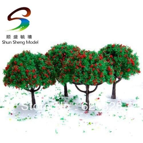 2.7 Inch Green Train Set Scenery Landscape Model Tree with Red Flowers -30PCS