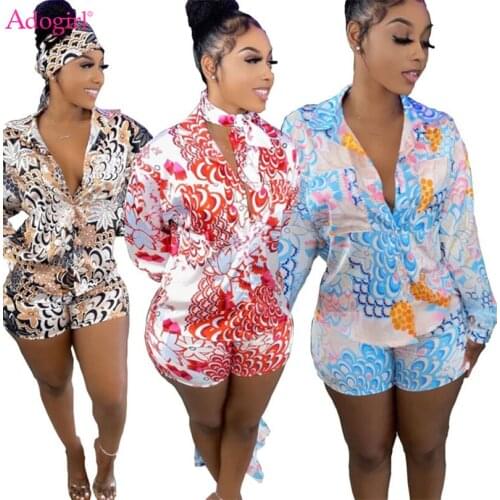 Adogirl Feather Print Shirts Shorts Two Piece Set Single Breasted Turn Down Collar Long Sleeve Blouse Women Fashion Casual Suit