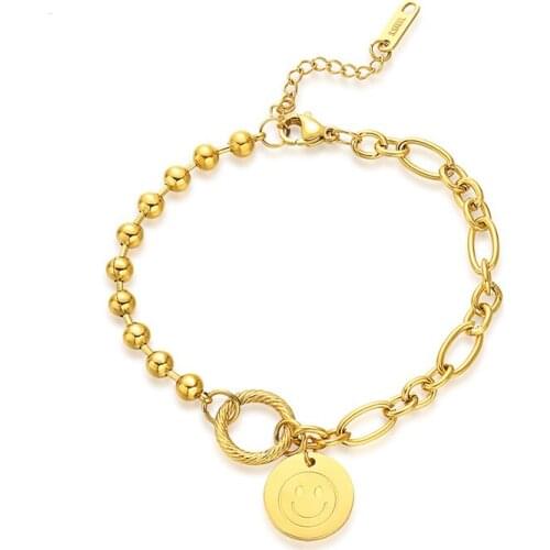 2021 trendy ins wind round brand smiley face titanium steel bracelet round bead chain splicing simple student net red chain