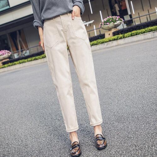 Plus size high waist pants cowboy female beige Korean loose harem trousers fat Cotton retro loose pants Harlan jeans