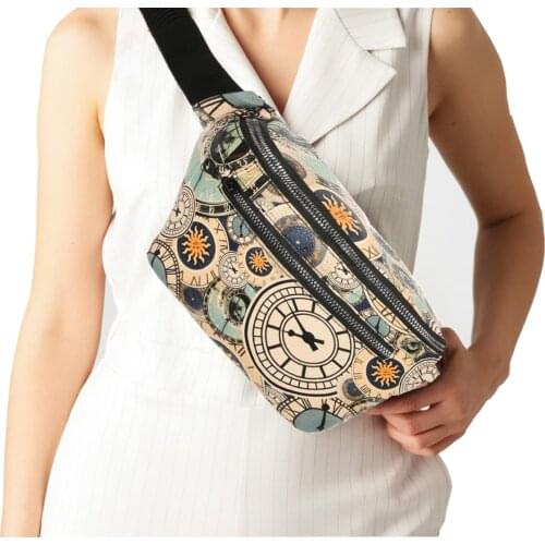 Womens Beige Cross Shoulder Strap and Waist Bag Clock