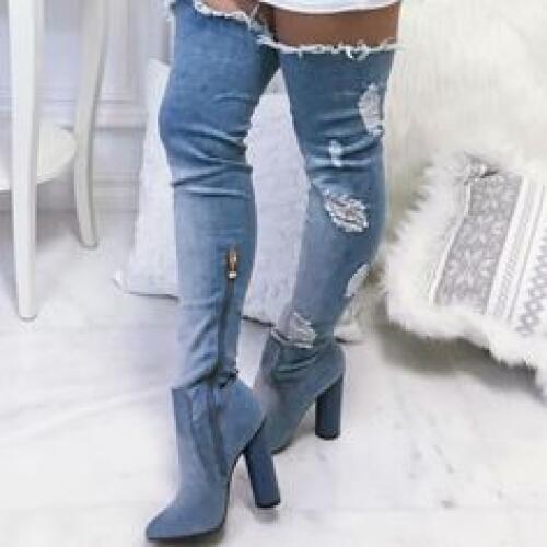 Women Sexy Retro Style Blue Denim Boots Chunky Heel Thigh High Boots Ripped Jeans Dress Shoes Fashionable Party Shoes Discount
