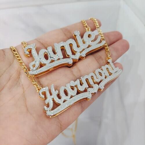 DODOAI Custom Necklace Double Gold plated Nameplate 3D Necklace Personalized Necklaces Choker Women Figaro Chain Name Necklace