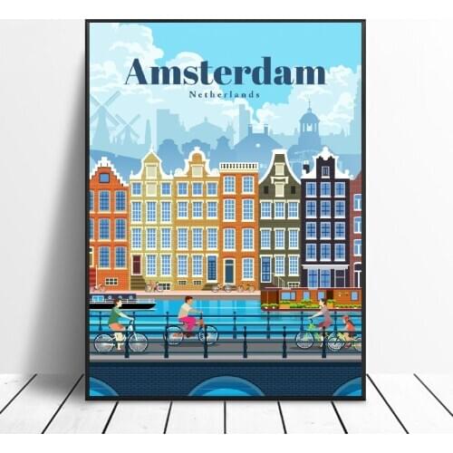Travel to Amsterdam Canvas Travel poster Wall Art Pictures for Living Room Home Decor No Frame