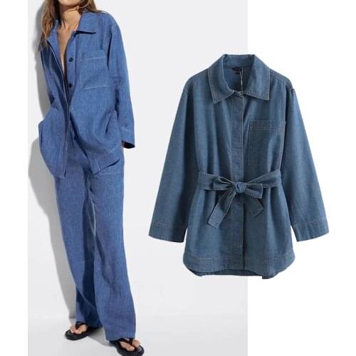 Za Jacket Women 2021 Fashion Denim Oversized Loose Jacket Coat Vintage Long Sleeve With Belt Female Outerwear Chic Tops